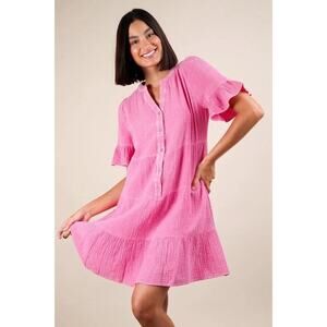 New In Womens L Pink Barbie Gauze Flutter Sleeve Popover Button Cover Up Dress
